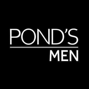 Pond's Men is written in big white letters over a black background, with a gray line below Ponds and above Men.