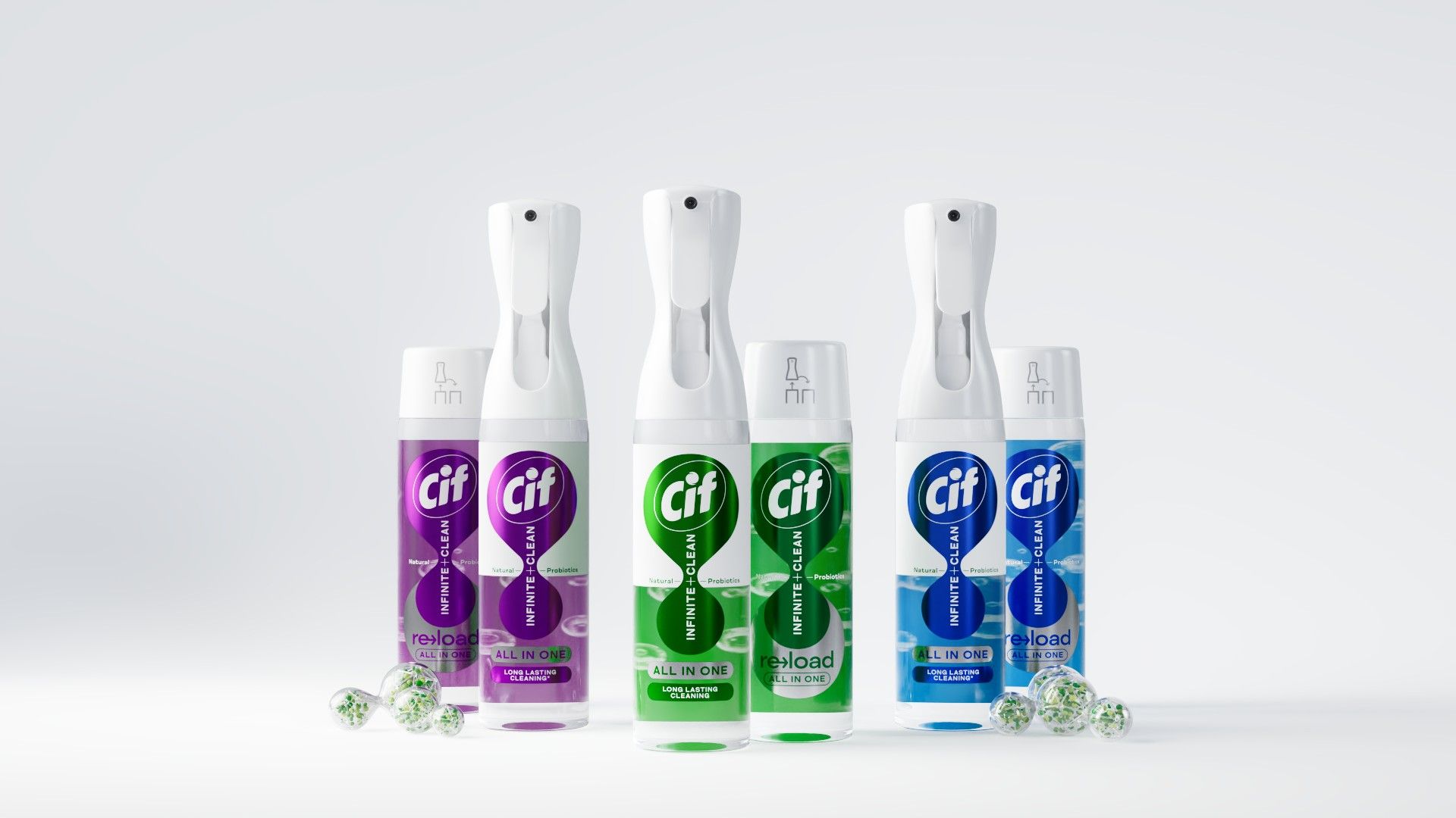 Cif Infinite Clean new sprays and reload packs showing the full range of fragrances