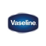 The word Vaseline is written in white letters on an irregularly shaped dark blue rectangle, outlined with silver
