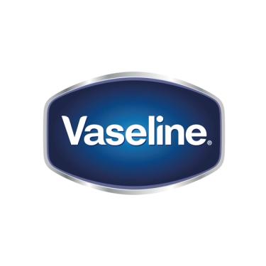 The word Vaseline is written in white letters on an irregularly shaped dark blue rectangle, outlined with silver