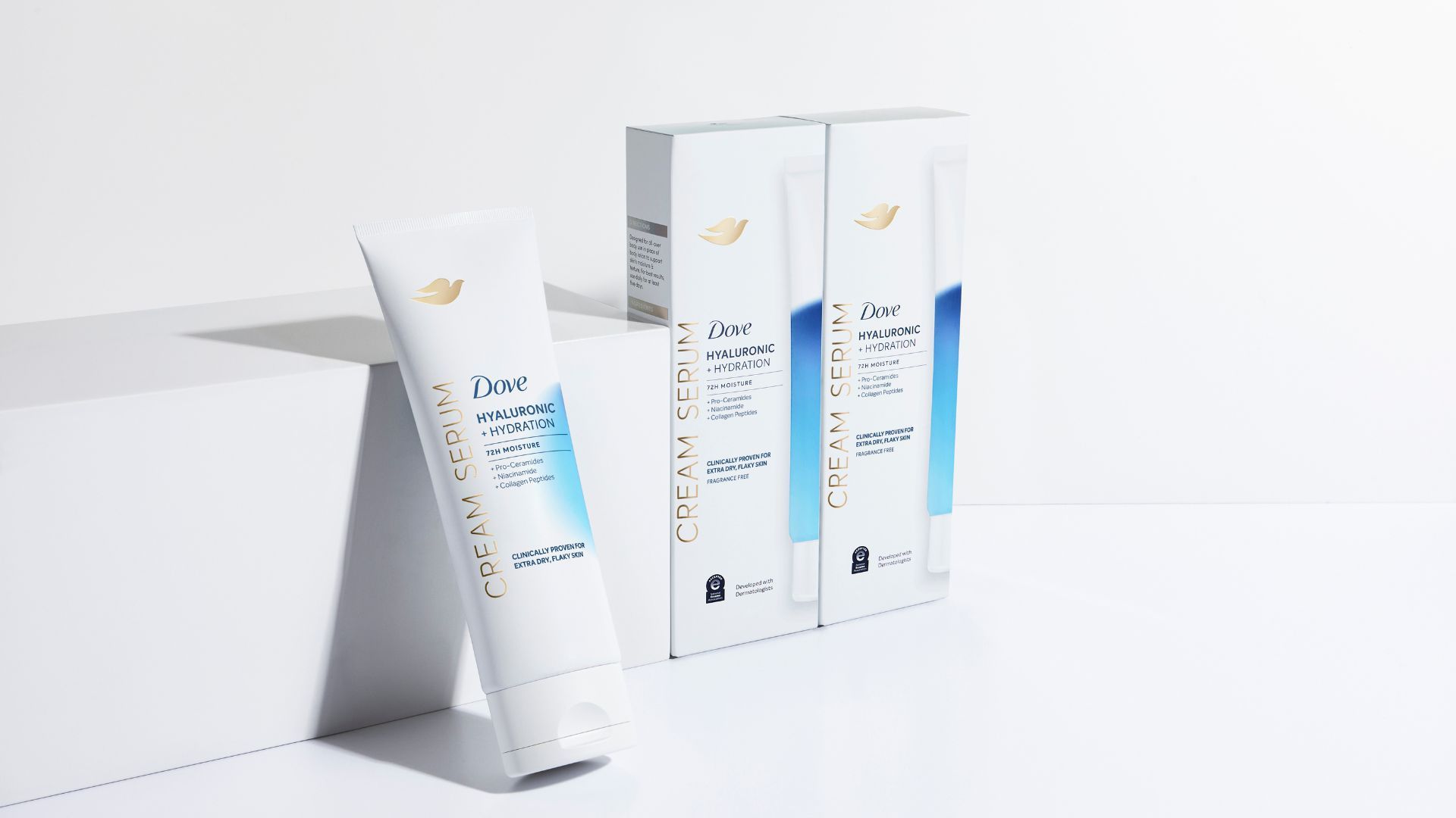 Dove Hyaluronic + Hydration Cream Serum, which contains pro-ceramides, niacinamide and collagen peptides. White, blue, gold packaging.