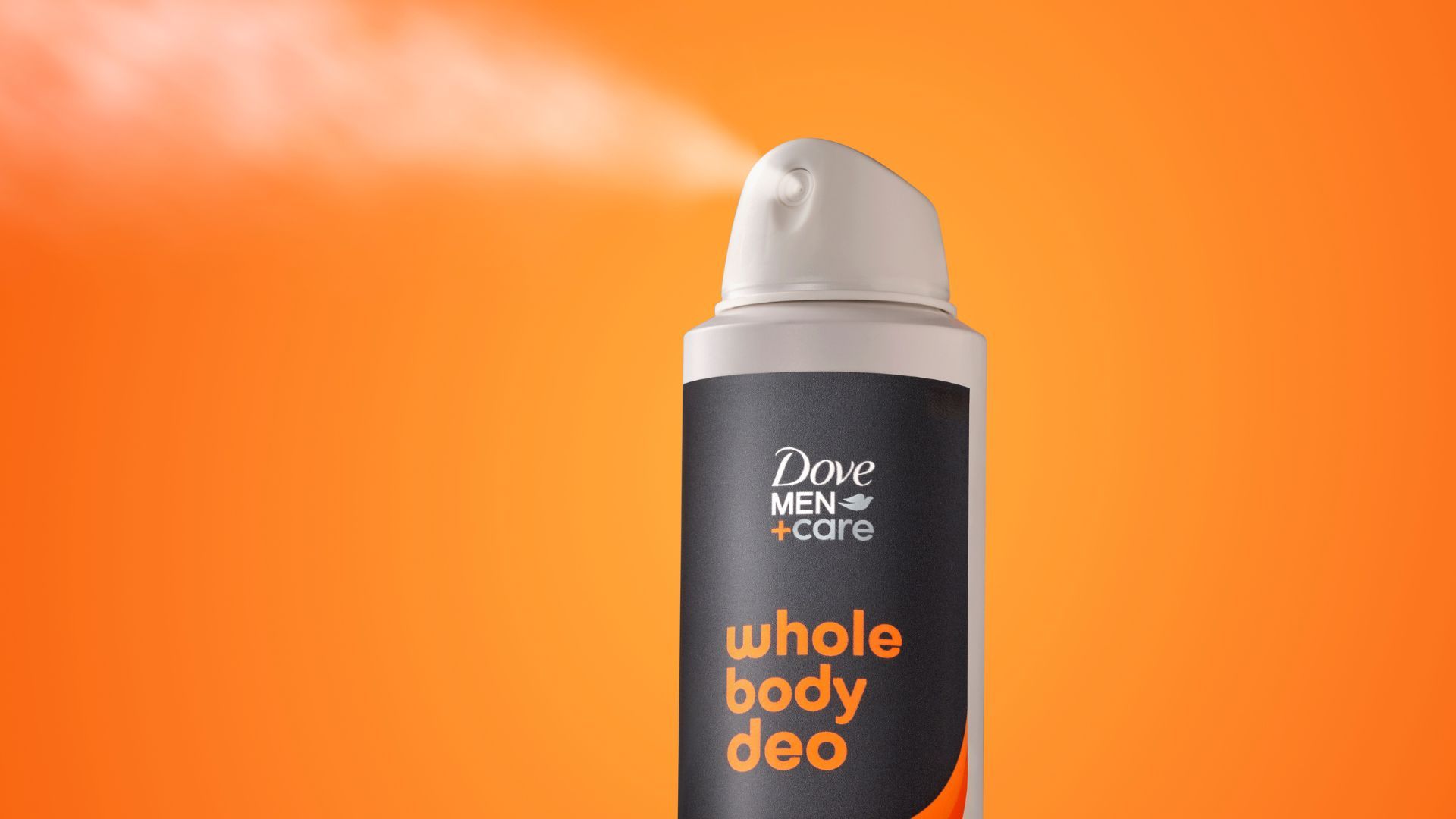 A Dove Men+Care Whole Body Deo sprays on an orange background.