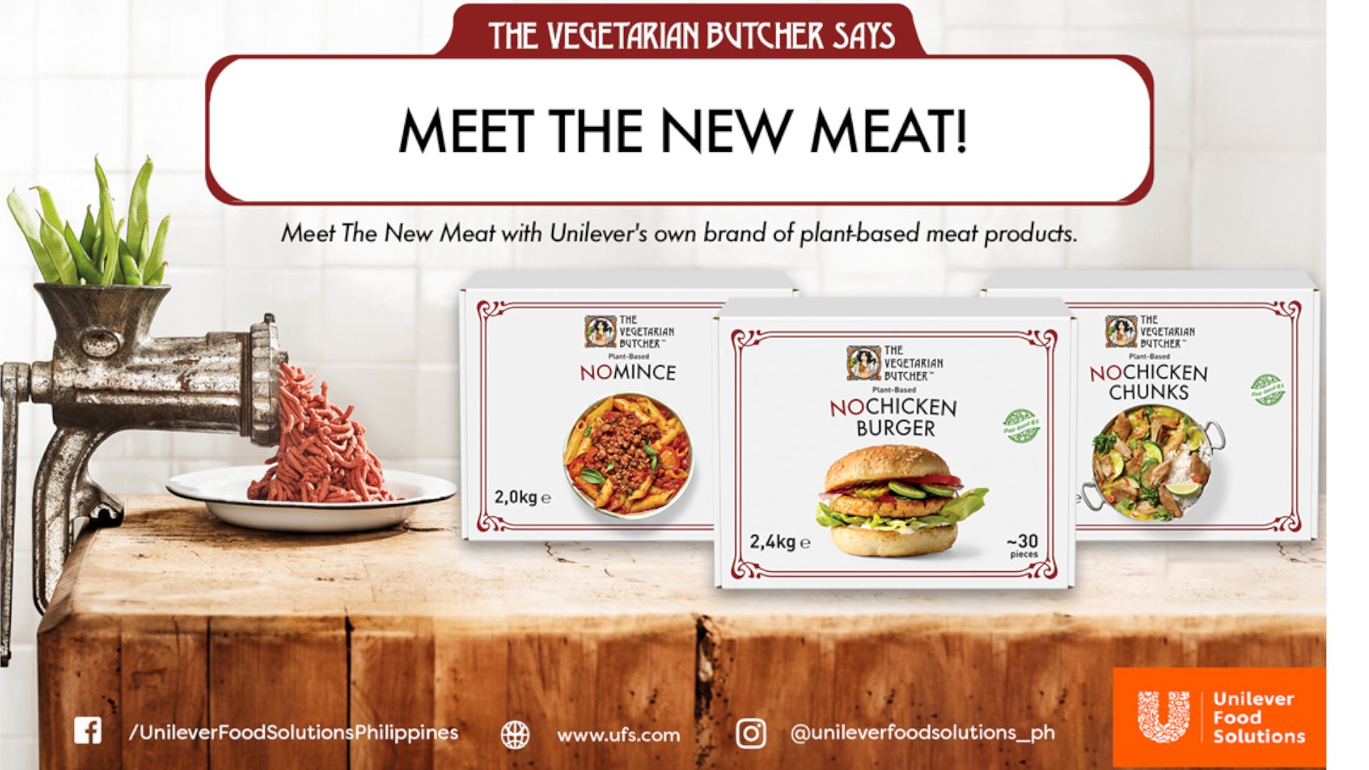 An image featuring The Vegetarian Buther products- NOMINCE, NOCHICKEN BURGER and NOCHICKEN CHUNKS.