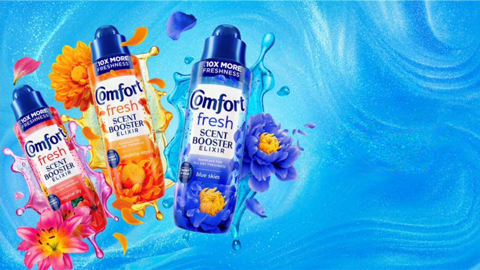 Three Comfort Fresh Scent Booster Elixir bottles with flowers and splashes on a blue background