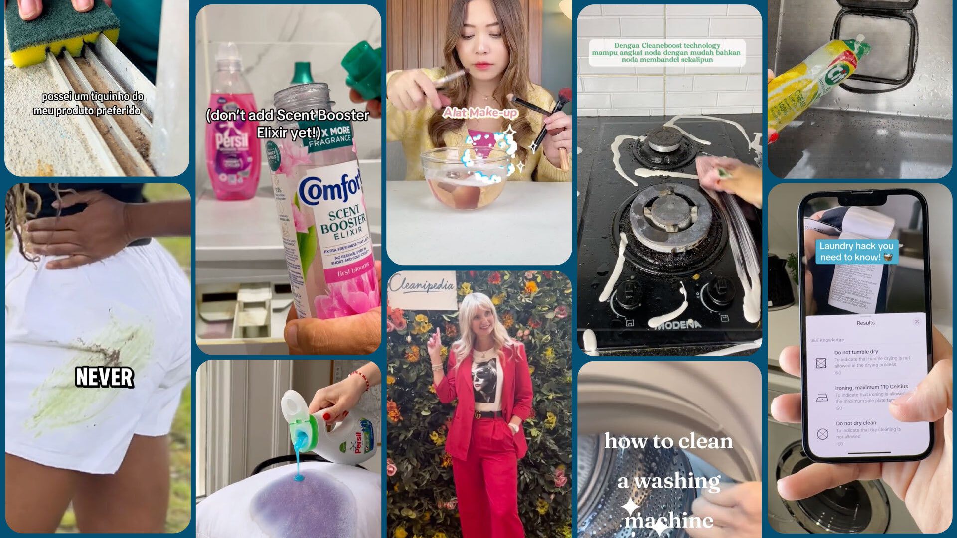 Screenshots of TikTok users from its popular #CleanTok community demonstrating hacks and tips using Unilever’s cleaning and laundry products.