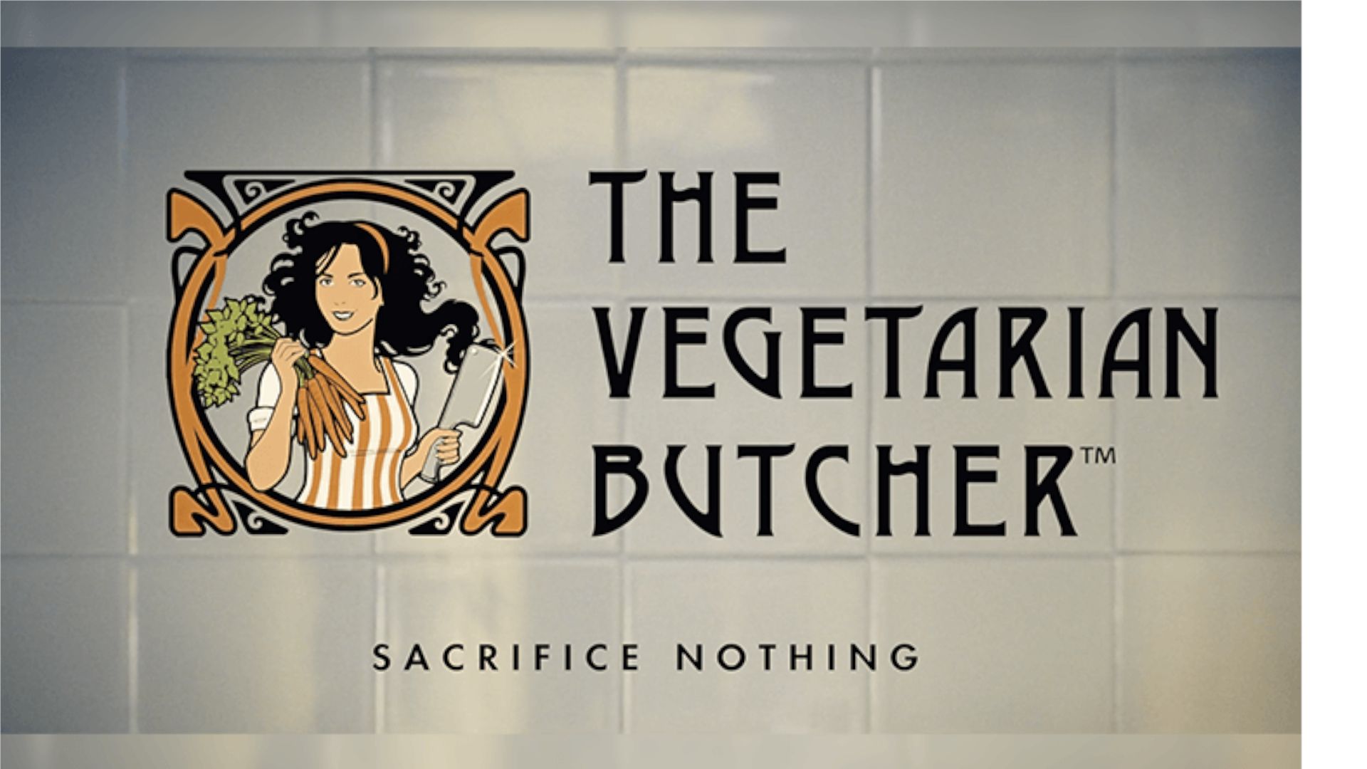 An image with an illustrated woman holding carrots and a knife. Next to her is the text that says, "The Vegetarian Butcher" and "Sacrifice Nothing"