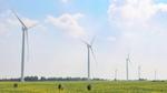 Wind turbines stand in a field with people watching them