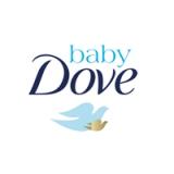 Baby Dove is written on two lines, in light and dark blue colors. There are two doves underneath them, the bigger one in light blue and the smaller one in gold.