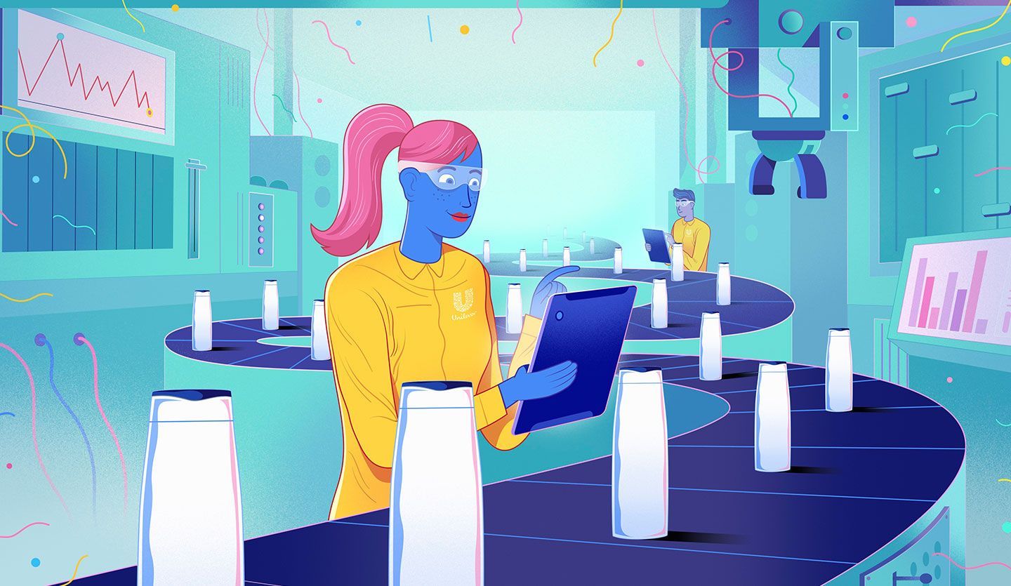 Illustration of girl working in factory. Unilever is recognised by Gartner in its 2020 Supply Chain Top 25 report.