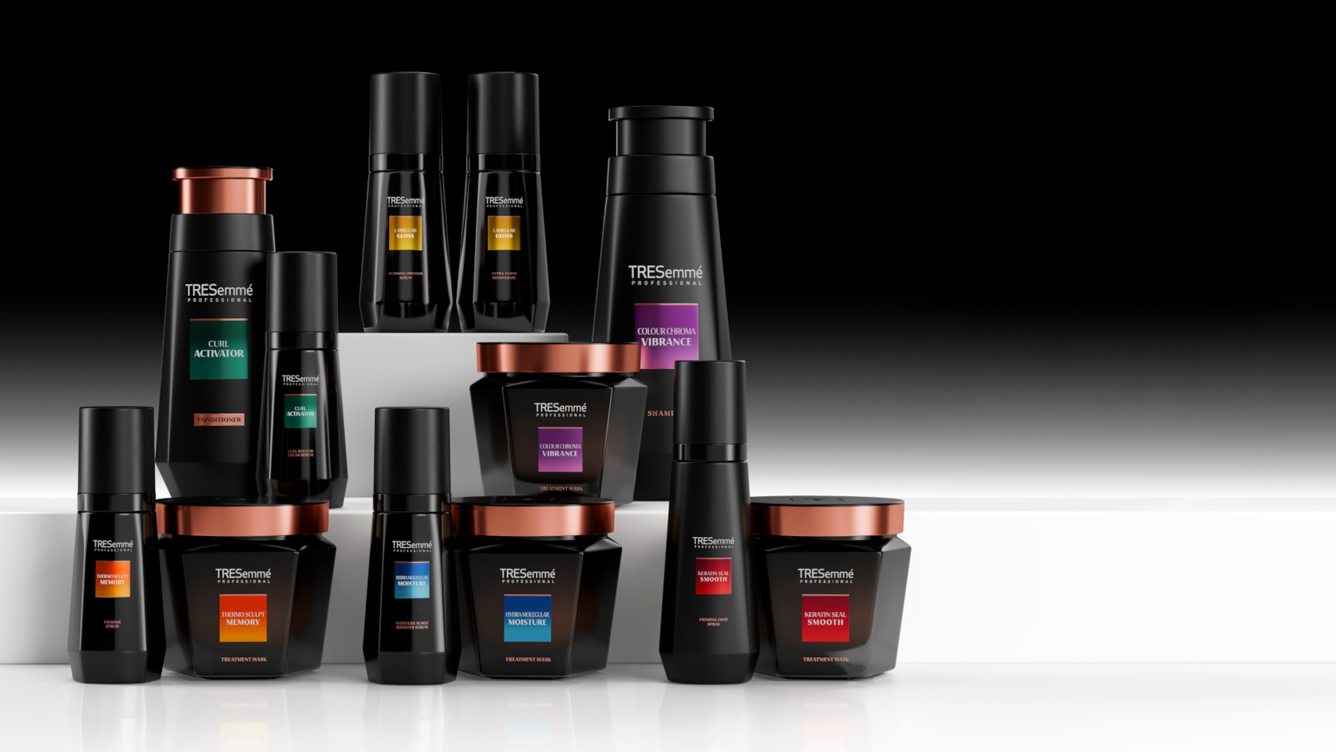 Products from TRESemmé Professional: shampoo, conditioner, hair masks, serums and oils. Black bottles with copper accents.