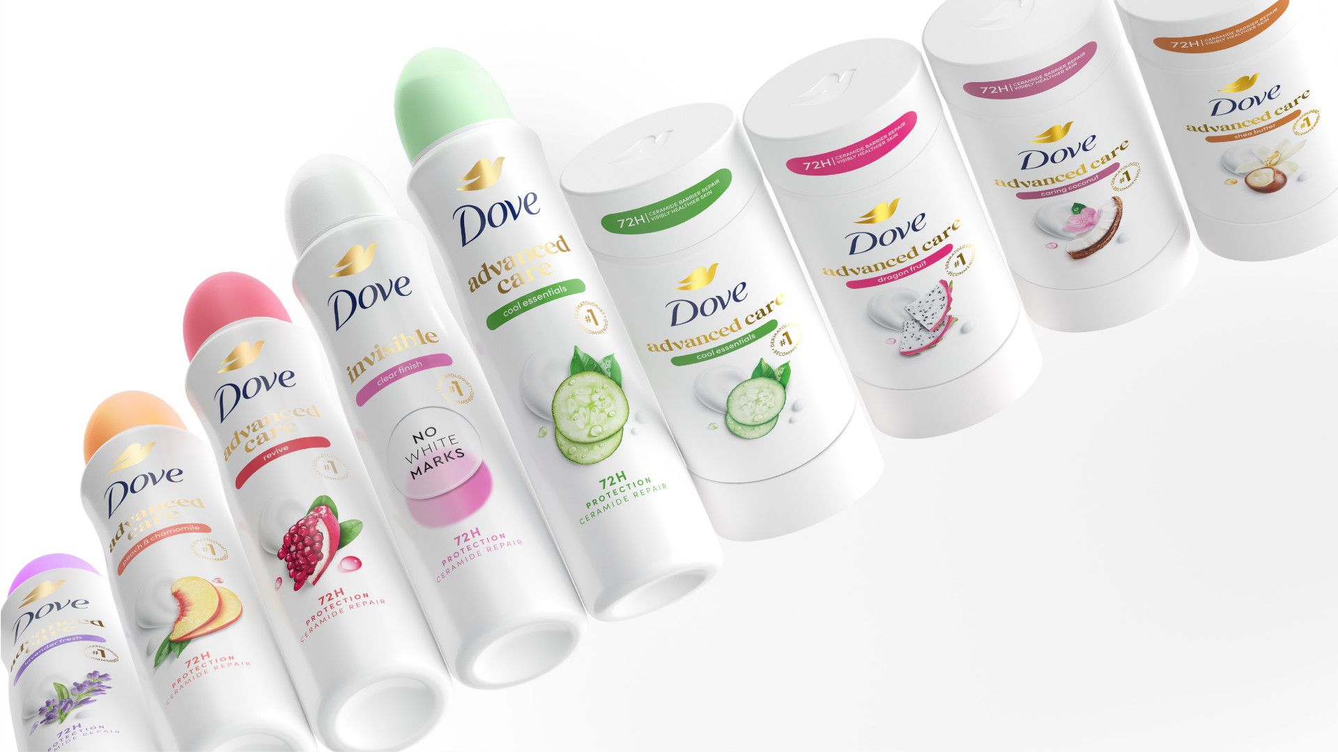 A line-up of Dove spray and stick deodorants with pink, light green, purple and orange lids.