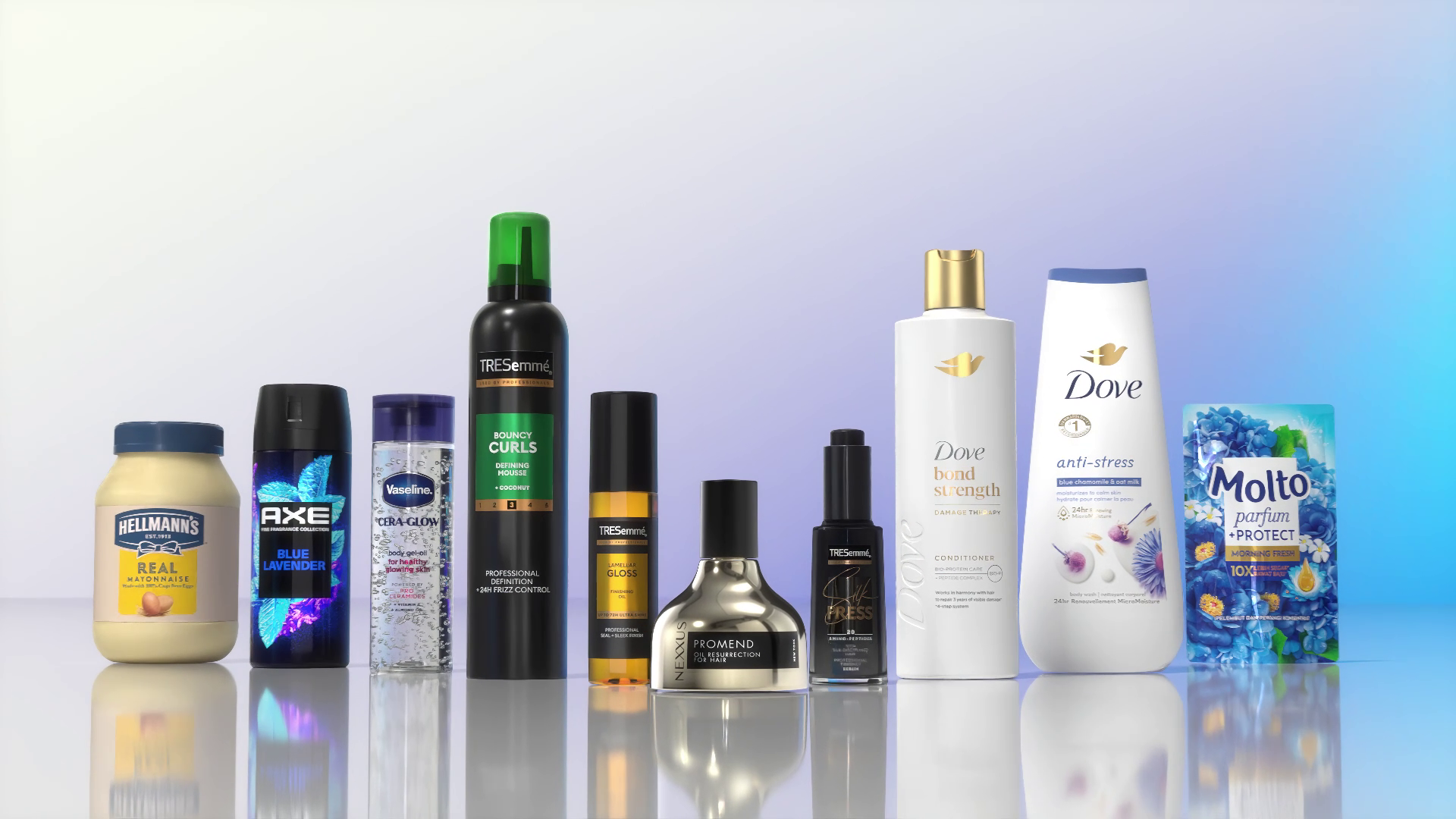A photo of Unilever products created using digital twin technology. Includes packs from Dove, Nexxus, Vaseline and more.