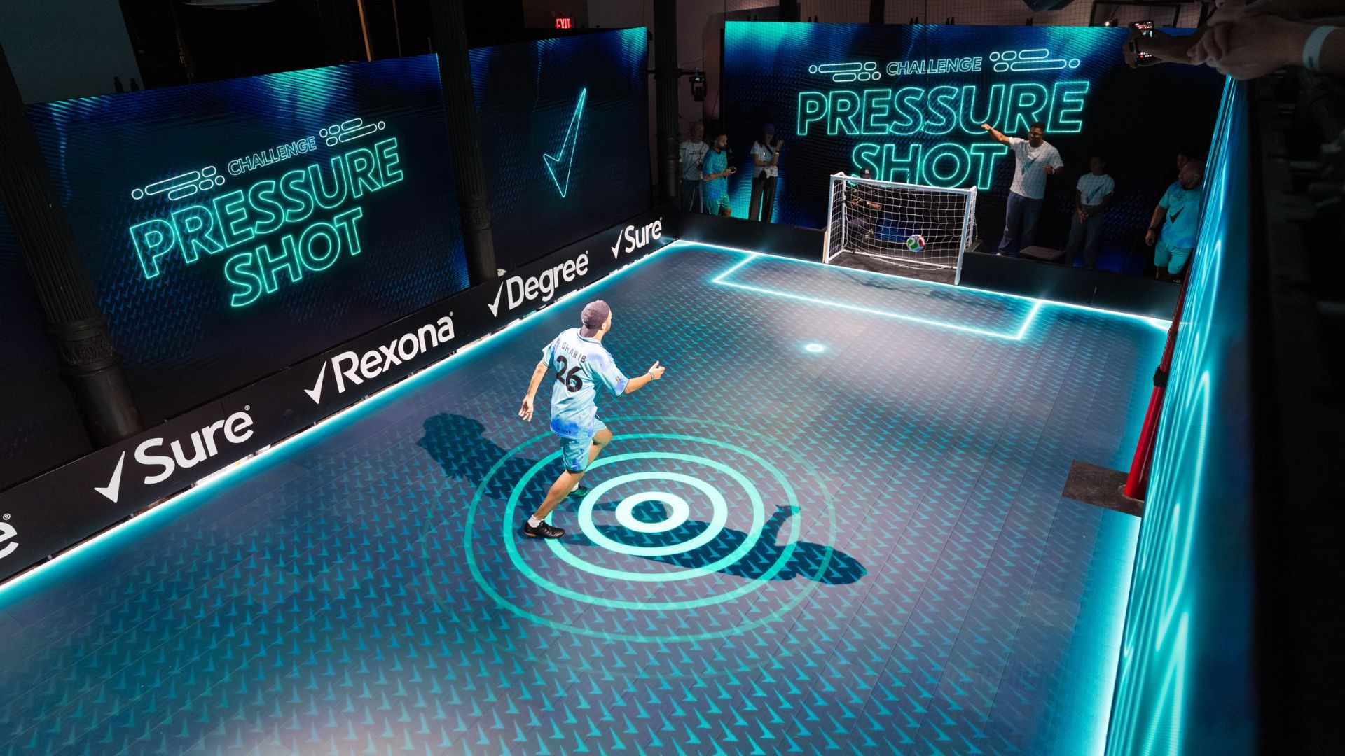 A man scores a goal at the Pressure Shot Challenge, hosted by Unilever Personal Care brands at the FIFA World Cup 2026™