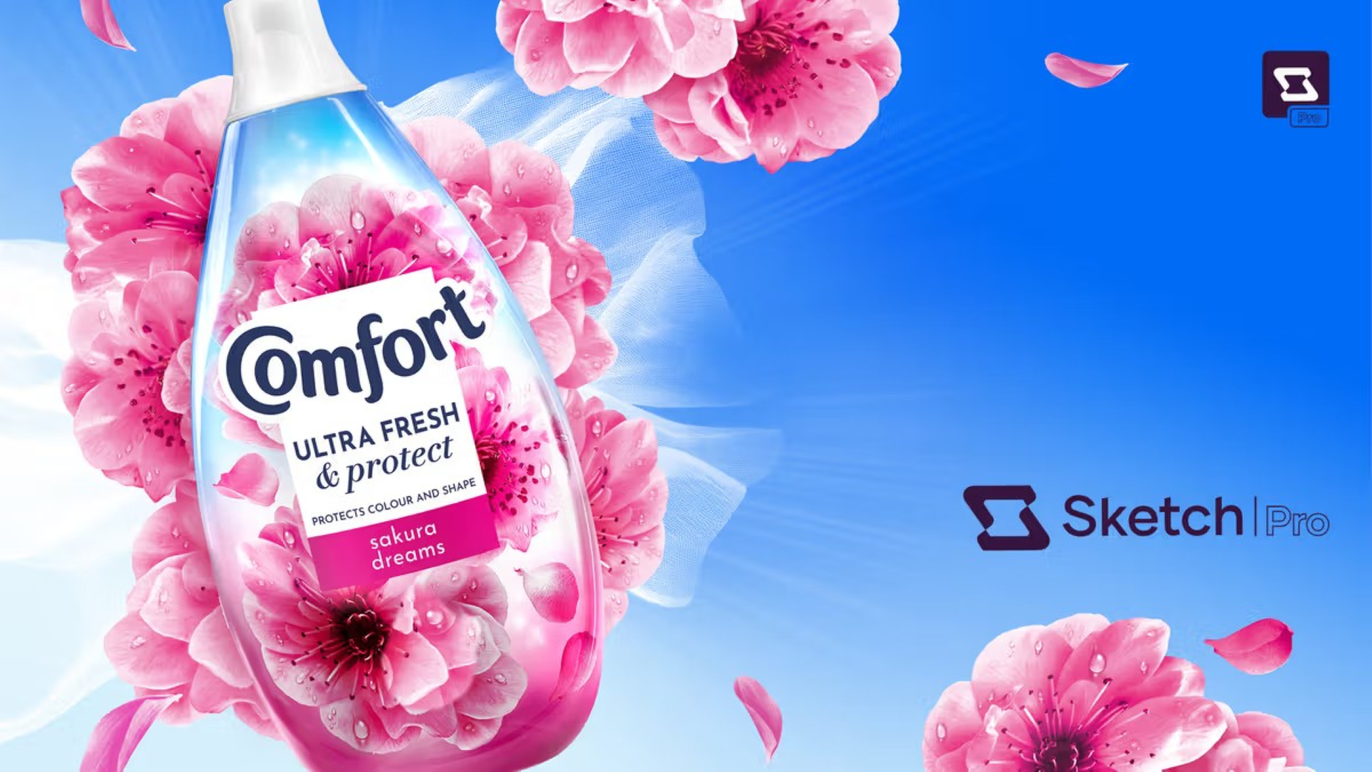 A bottle of Comfort fabric conditioner with pink cherry blossom flowers created with Sketch AI content creation.